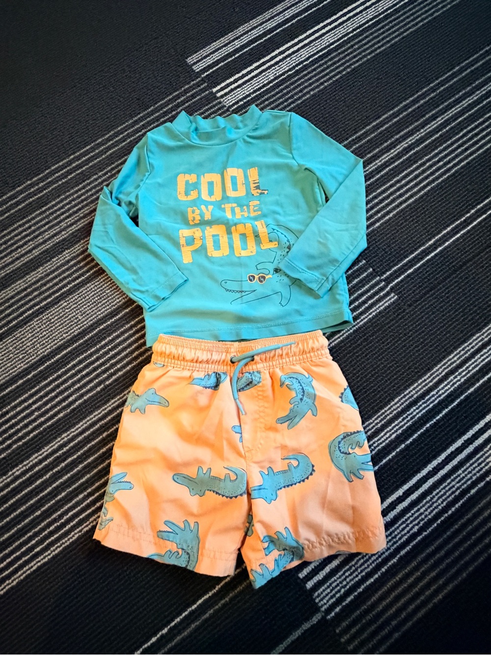 Kids Two-Piece Swim Set - Teal Rash Guard & Orange crocodiles